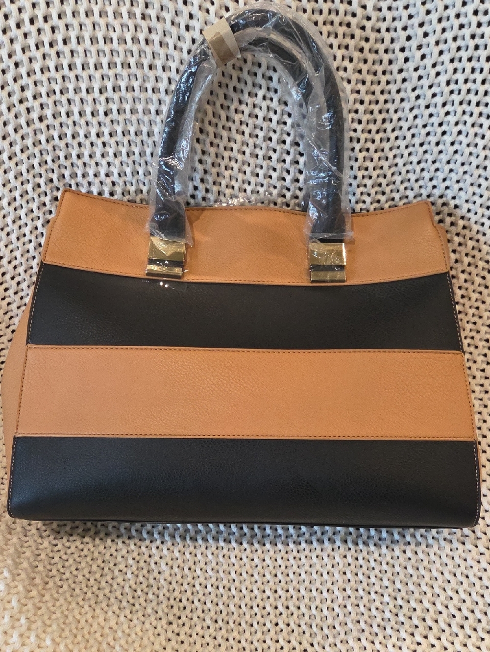 Black & Tan Color Block Tote, Large Structured Travel Work Shoulder Bag